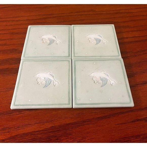 Vintage Carved Stone Dolphins Coasters Set of 4 Nautical Blue Sea Wave USA - Picture 1 of 4
